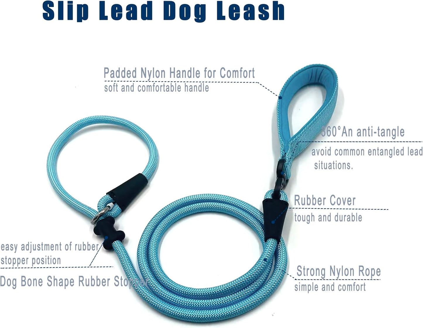 Slip Lead Dog Leash，Strong Nylon Rope Leash and Padded Handle,No Pull Outdoor Walking Training Lead for Small Medium Large Dogs(Light Bule, 1/2"×6ft)