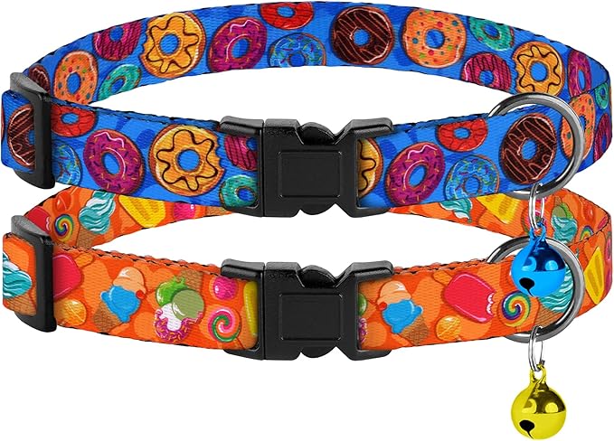 Cat Collars 2 Pack - Soft Cute Breakaway Collar with Bell, Adjustable Safety Kitten Collars for Girl & Boy Cats – Comfortable Stylish Patterned Print Lightweight (Donut + Ice Cream)