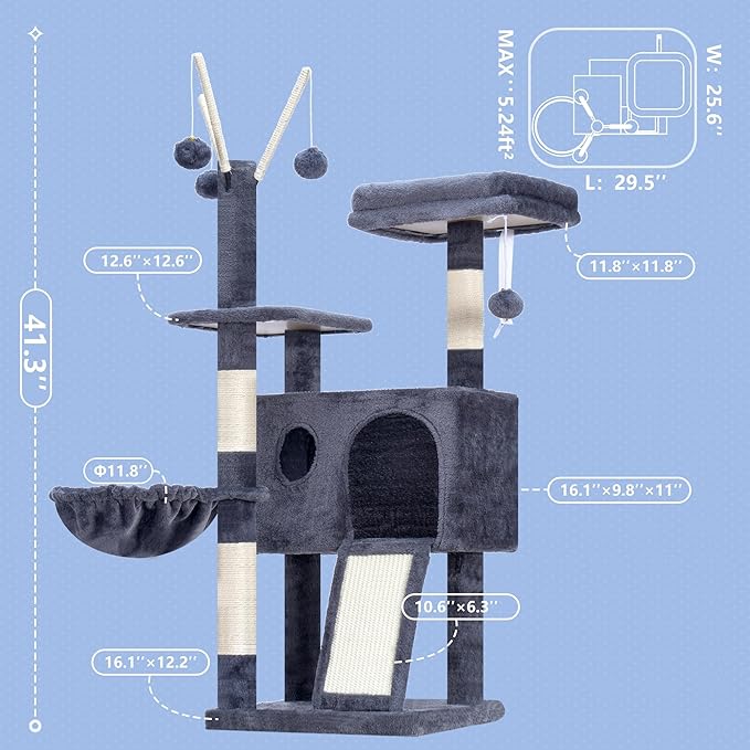 Hey-brother Cat Tree Tower, Scratching Posts with Removable Toys, Cozy Condo, Platform, Hammock, Sisal Scratch Board and Ball for Indoor Kittens, 41.3 Inches, Smoky Gray MPJ008SG
