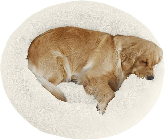 39'' inch Calming Dog Bed, Anti-Anxiety Donut Bed for Medium Large Dogs, Warming Cozy Soft Cute Round Washable, Marshmallow Cuddler Nest Puppy Dogs and Cats Bed, White