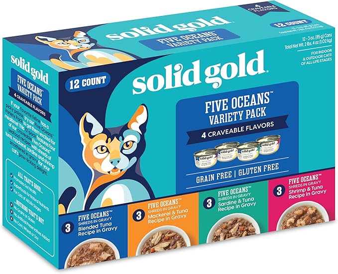 Solid Gold Wet Cat Food Variety Pack Shreds in Gravy - Healthy Canned Cat Food Made w/Real Tuna & Fish Protein & Vitamins - Grain Free & Gluten Free Canned Meals for Cats & Kittens - 12ct/3oz Can