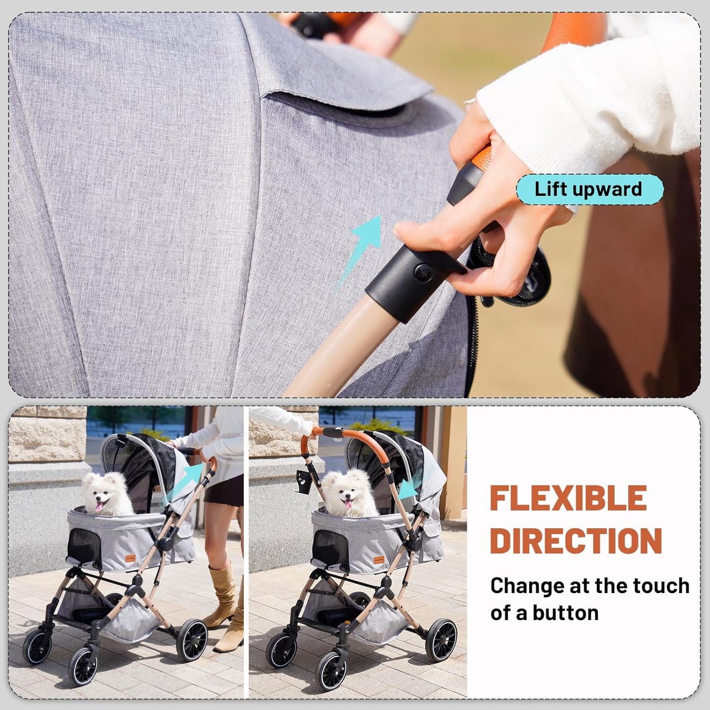 EchoSmile Small Medium Dogs Stroller 4-Wheel Pet Strollers for Medium Dogs Up to 50lbs, One Click Folding Large Cat Stroller, Reversible Handle, Shock Absorbing Wheels, Removable Washable Pad