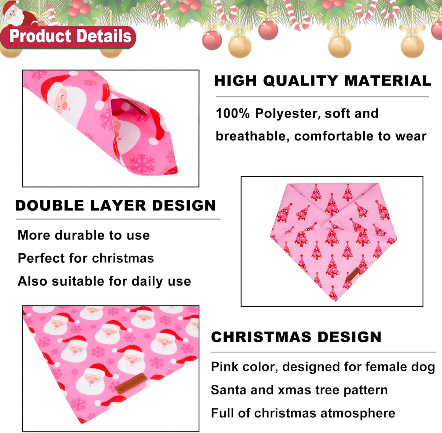ADOGGYGO Christmas Dog Bandana, Xmas Tree Santa Pet Scarf, Premium Durable Fabric, Adjustable Fit Female Pet Christmas Bandanas for Extra Large Dogs (X-Large)
