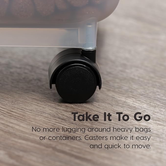 IRIS USA Airtight Dog Food Storage Container, WeatherPro, Up to 40 lbs, Removable Wheels, for Dog Cat Bird and Other Pet Food Storage Bin, Keep Fresh, Translucent Body, Made in USA, Clear/Almond