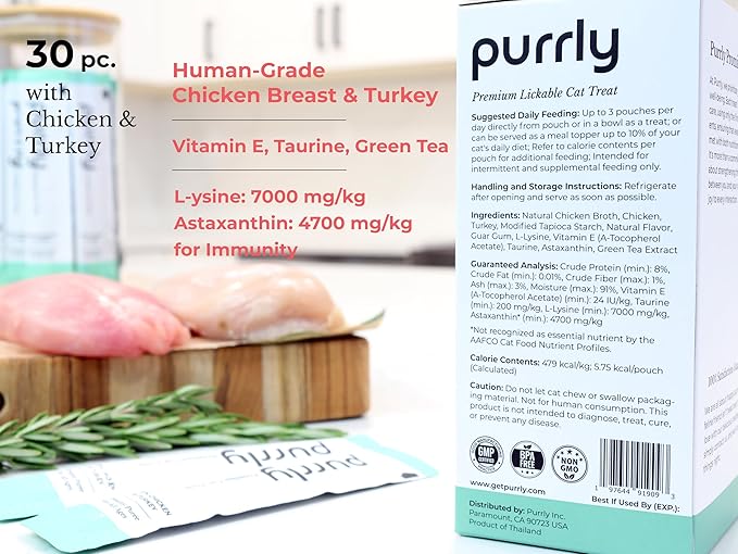Purrly Interactive Lickable Cat Treats Low Calorie Human-Grade Chicken Breast & Turkey with L-Lysine & Astaxanthin for Immunity (30 Count) Non-Seafood Hydrating BPA-Free for All Ages