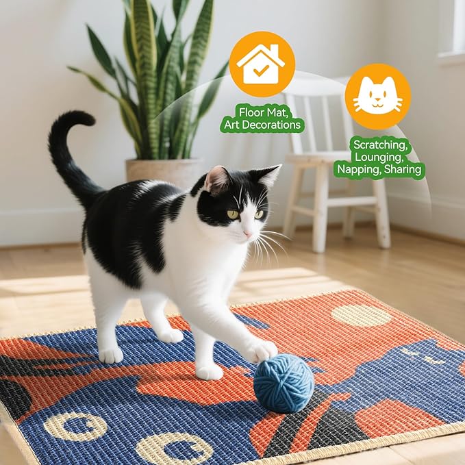 3-in-1 Sisal Cat Scratcher Mat 23.6x15.7'' Protects Carpet Couch & Furniture with Sticker Tape, Floor & Wall Cat Scratching Pad, Anti-Slip, Durable for Indoor Outdoor Cats (Vivid Orange)