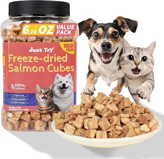 Just Try 6.70 oz Freeze-Dried Salmon Dog Treats & Cat Treats Food Topper- Single Ingredient, Grain-Free, High Protein Snack for Training