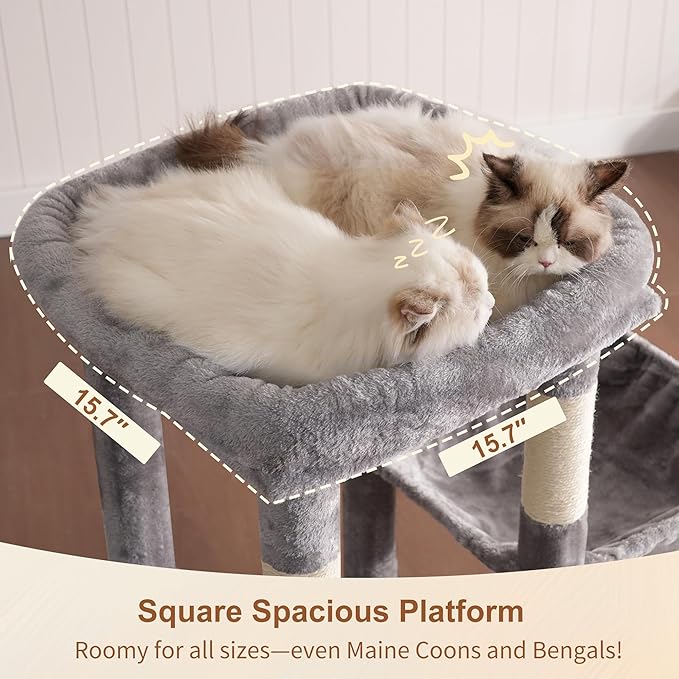 Heybly Heavy Duty Cat Tree, Tower for Indoor Cats Large Adult, Tall Cat Condo House with Extra-Large Baseboard, Multi-Level Plush Furniture with Scratching Posts, Hammock,Toy Balls,Light Gray HCT026W