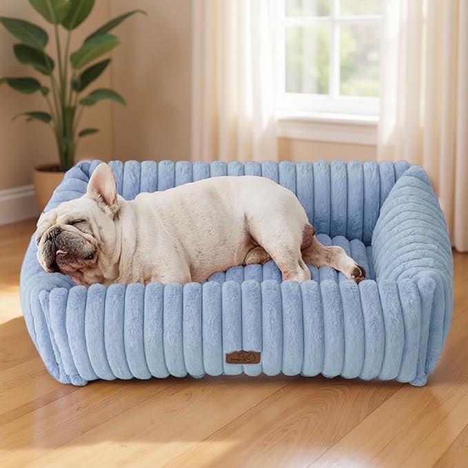 Bedsure Washable Dog Bed for Medium Dogs - Cute Furry Puppy Beds, Rectangle Orthopedic Corduroy Fleece Pet Beds with Removable Zipper Cover, 30x24x8inches, Blue
