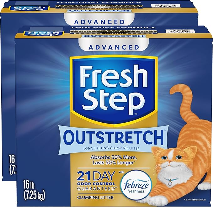 Fresh Step Outstretch Advanced Long Lasting Clumping Litter with Febreze Freshness, Activated Charcoal Litter Lasts 50% Longer, 32 lbs. (2 x 16 lb. Box)