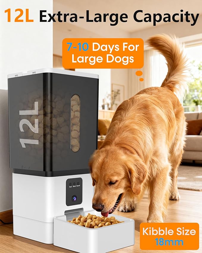 Automatic Dog Feeder Large Breed: 12L/50 Cups with HD 1080P Camera - 5G WiFi Anti-Clog Timed Dog Food Dispenser for Golden Retriever Busy Owners by UTCG