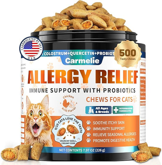 Cat Allergy Relief Treats, 500 Crunchy & Creamy Chews, Allergy Relief for Cats with Colostrum, Probiotics - Itchy Skin & Paw Licking, Immune Support, Seasonal Allergies - Chicken and Krill Flavor