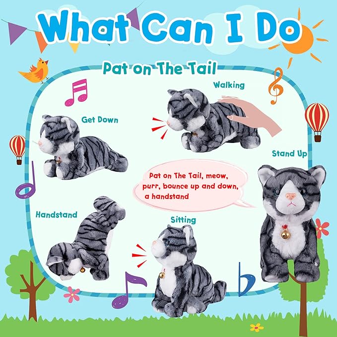Pattern Gray Robotic Cat Toy for Kid That Move and Meow Purrs Touch Control Kitten Toys Animated Realistic Kitty Toys Kitten Robot Toy for Halloween Birthday H:12"