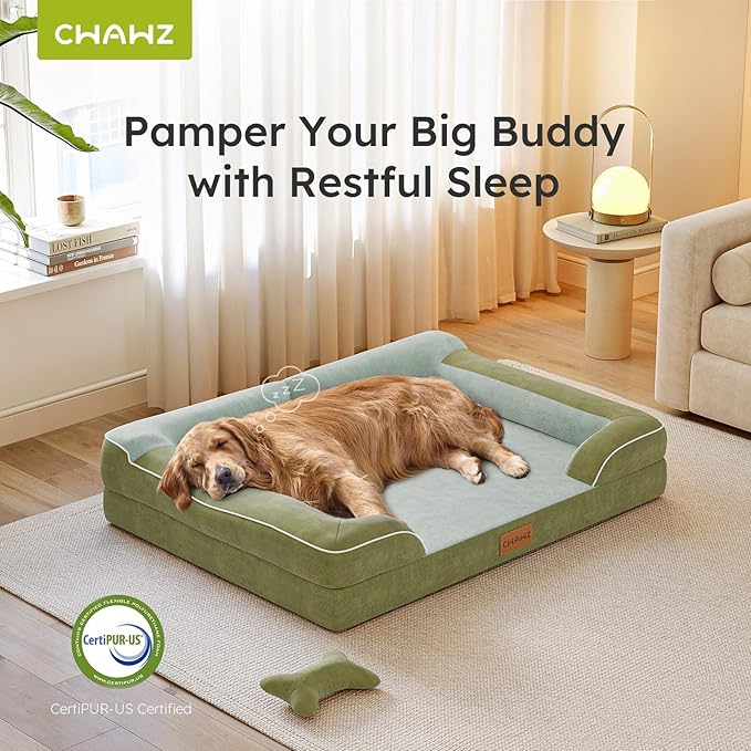 Dog Beds for Large Dogs, Orthopedic Dog Bed with Cooling Gel Memory Foam, Waterproof Large Pet Bed with Removable Washable Cover, 36" Pet Sofa Couch Dutch Velvet with Bone Toy, Dark Green