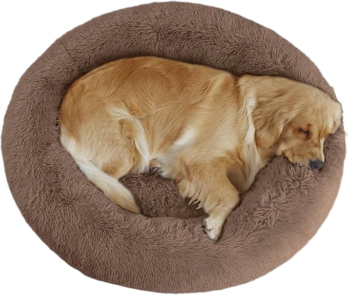 39'' inch Calming Dog Bed, Plush Anti-Anxiety Donut Dog Bed for Medium Large Dogs, Warming Cozy Soft Cute Round Washable, Marshmallow Cuddler Nest Pet Bed, Brown
