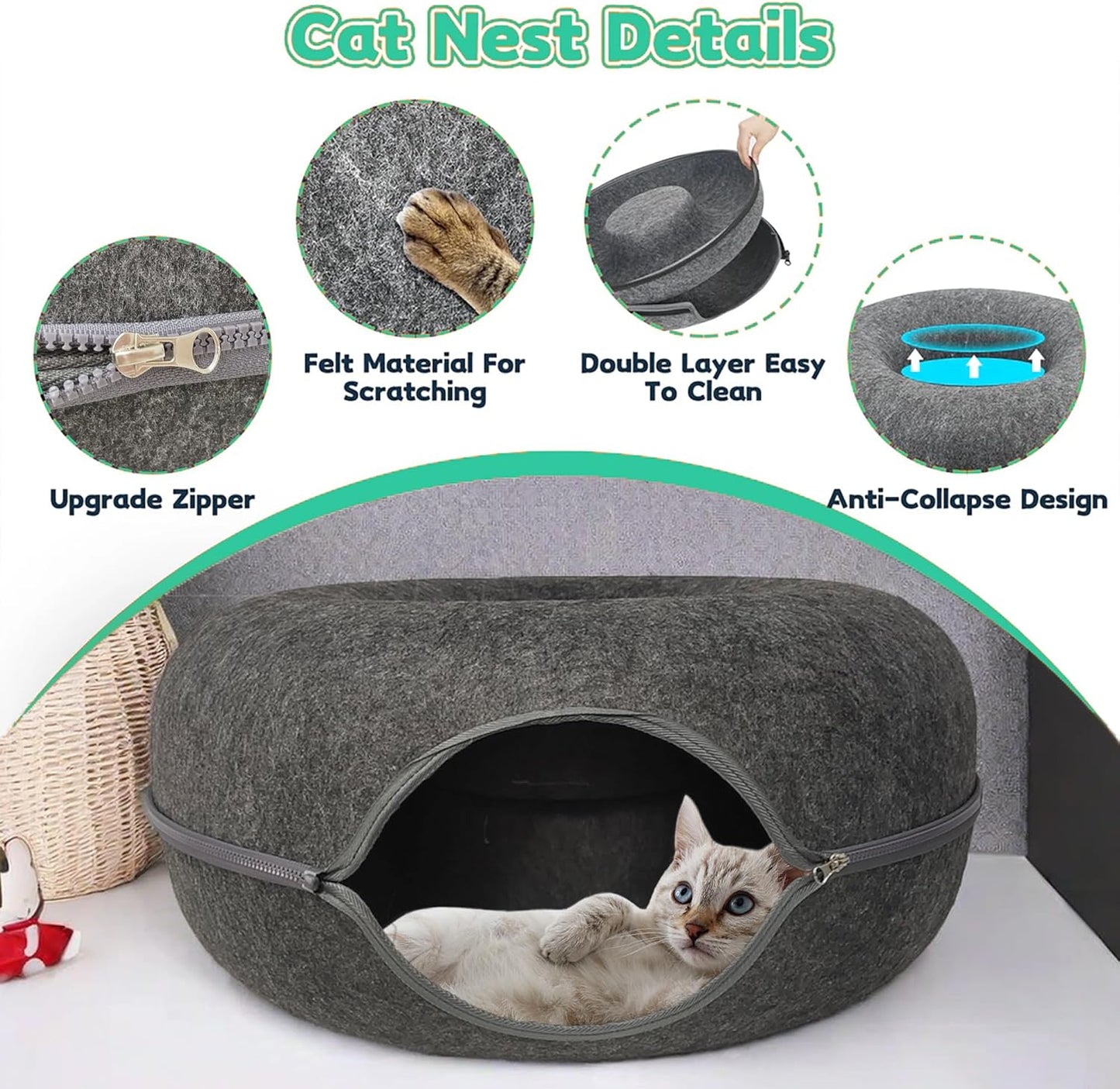 Donut Cat Tunnel Bed Peekaboo Cat Cave for Large Cats Up to 30 Lbs, Kitty Interactive Playing Tent House for Multiple Cats,Detachable,Scratch Resistant (Deep Gray, Large - 24 Inch Diameter)