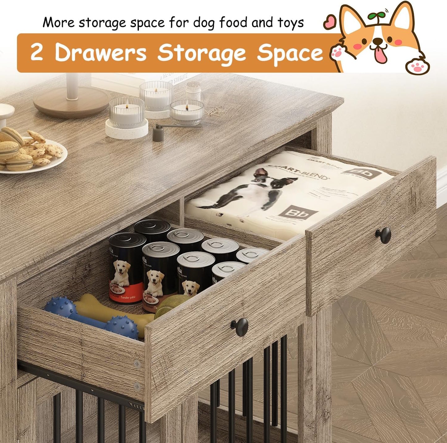 Dog Crate Furniture, 44 Inch Wooden Dog Kennel Indoor with 2 Storage Drawers, Heavy Duty Large Crate Furniture, Decorative End Table Cage Furniture for Small/Medium/Large (Grey)