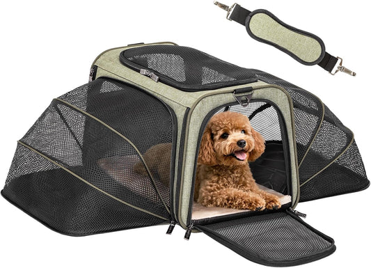 Petsfit Expandable Cat Dog Carrier Airline Approved, 17" L x 11" W x 11" H Soft-Sided Portable Pet Travel Carrier for Kitten, Puppy, Removable Soft Plush Mat and Pockets, Auto-Locking Zippers