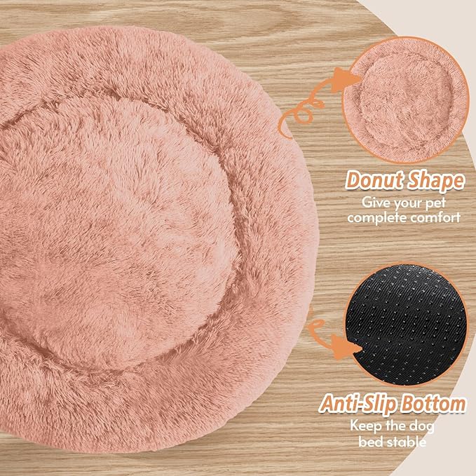 JOLLYVOGUE Small Dog & Cat Beds for Indoor Cats, Donut Cuddler Warming Soft Dog Beds with Anti-Slip Bottom, Round Calming Fluffy Plush Faux Fur Cushion Bed for Medium Dogs (27", Peach Pink)
