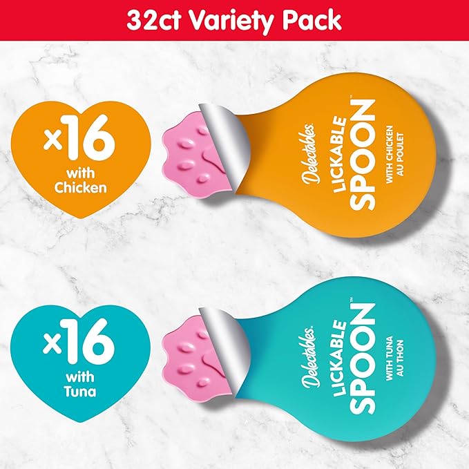 NEW! Delectables Lickable Spoon Handheld Wet Cat Treats Made with Real Chicken & Tuna, Creamy Puree, Mess Free, Quick & Easy, Grain-Free, No Added Fillers, No Added Preservatives, Variety Pack, 32ct