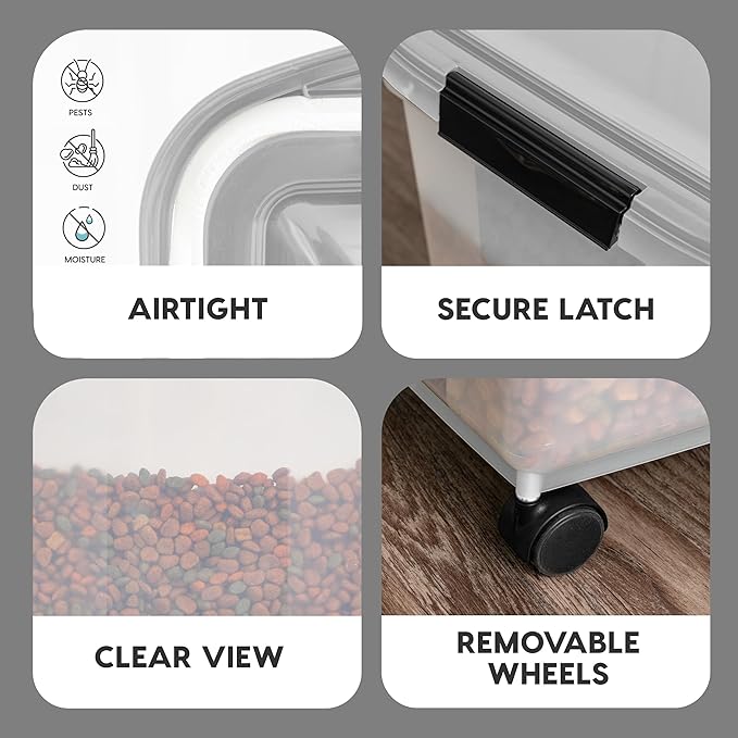 IRIS USA Airtight Dog Food Storage Container, WeatherPro, Up to 10 lbs, Removable Wheels, for Dog Cat Bird and Other Pet Food Storage Bin, Keep Fresh, Translucent Body, Made in USA, Clear/Gray