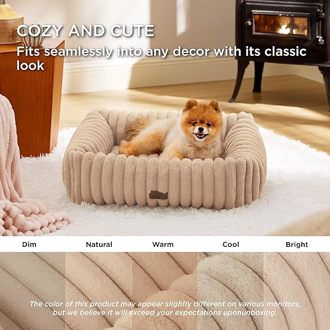 Bedsure Cute Dog Bed for Small Medium Dogs - Washable Furry Puppy Beds, Rectangle Orthopedic Corduroy Fleece Pet Beds with Removable Zipper Cover, 25x21x7inches,Sandy Beige