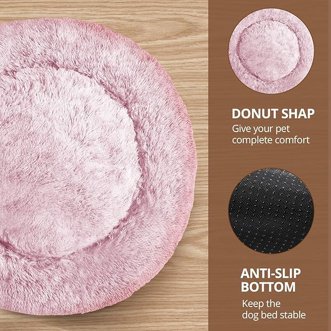 JOLLYVOGUE Small Dog & Cat Beds for Indoor Cats, Donut Cuddler Warming Soft Dog Beds with Anti-Slip Bottom, Round Calming Fluffy Plush Faux Fur Cushion Bed for Small Dogs (20", Smoke Pink)