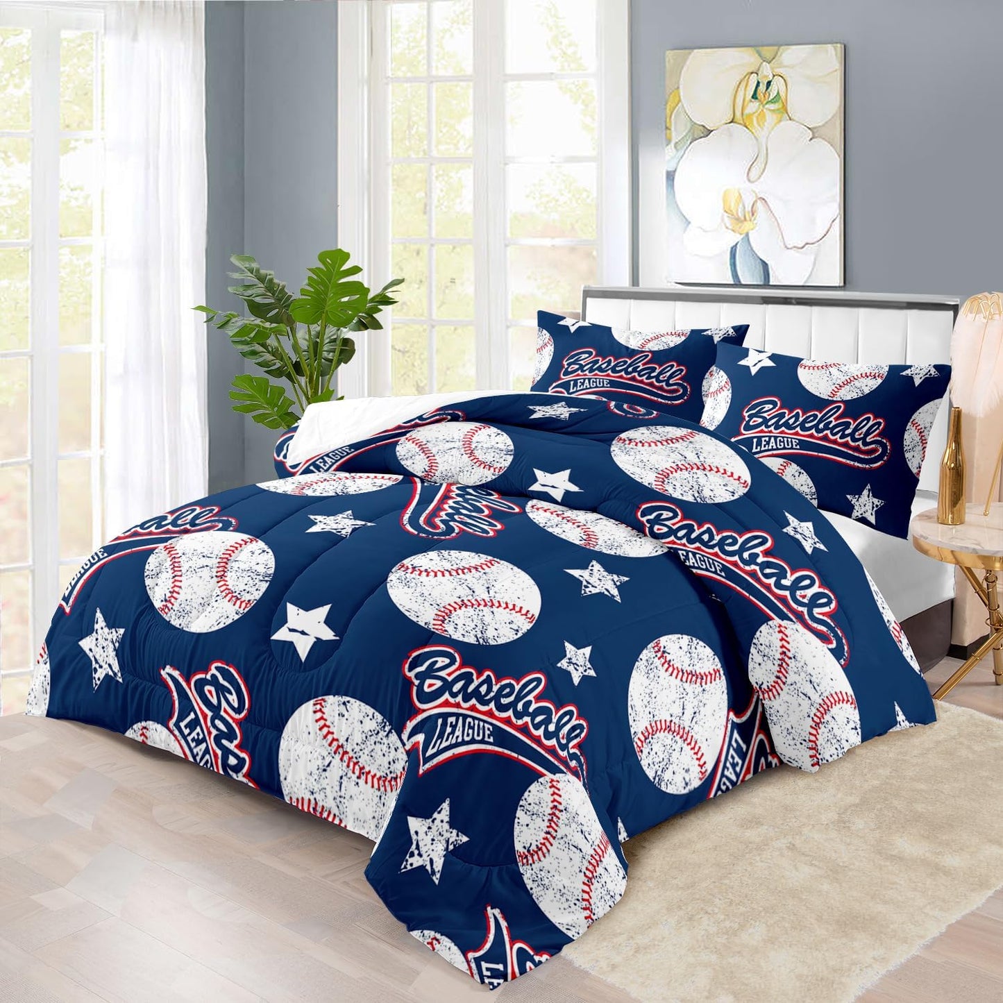 Baseball Comforter Set Twin,Sports Bedding Sets for Boys,Blue Sports Comforter Twin Bedroom Decor,Baseball Bedding Teen for All Seasons,Blue Quilt Kids Bedroom Decor
