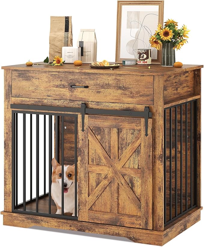 37.8" Dog Crate Furniture, Farmhouse Style 2-in-1 Dog Crate with Sliding Barn Door for Small/Medium Dogs, Dual Function as Side Table with Storage Drawer, 2-in-1 Iron-Wood Fusion Design, Brown