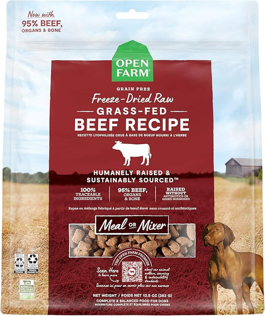 Open Farm, Freeze Dried Raw Dog Food, Morsels with 95% Meat, Organs & Bone, Organic Produce & Superfoods, Complete Meal or Freeze Dried Dog Food Topper, Grass-Fed Beef Recipe, 13.5oz Bag