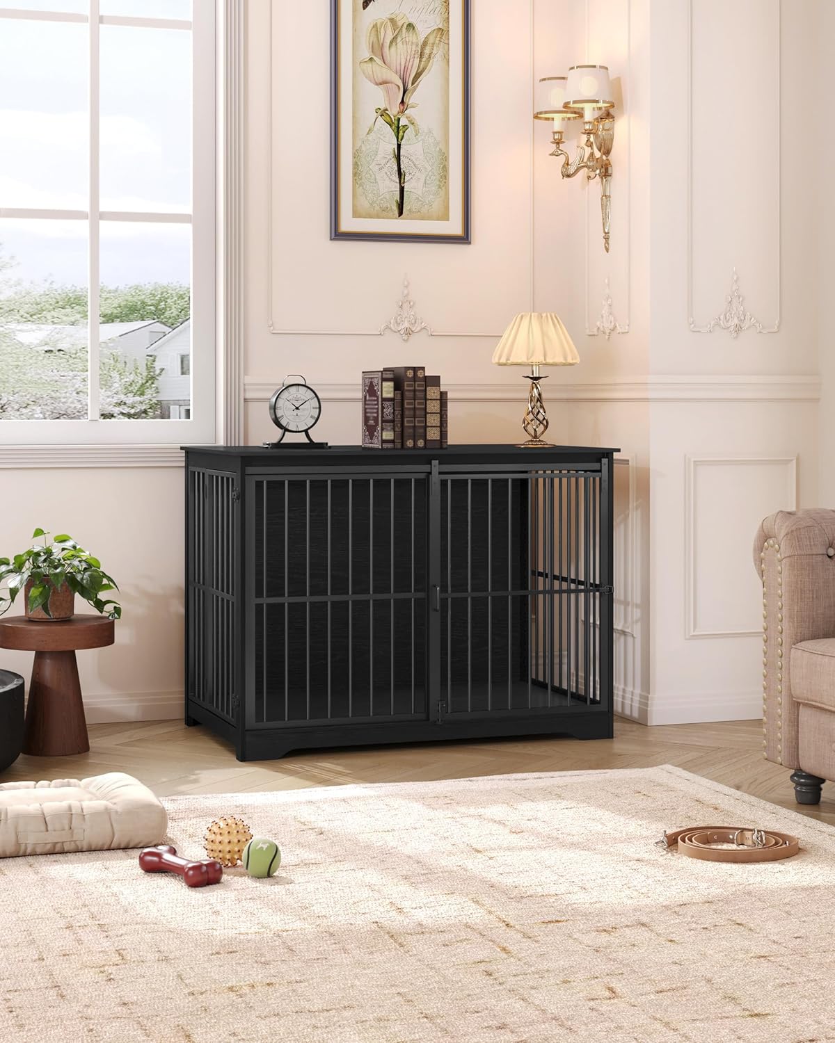 XXL Large Dog Crate Furniture, 46.9" Indoor Dog Kennel Furniture with Barn Door, Wooden Tall Dog Crate, Heavy Duty Dog Cage for Large Dogs, Side End Table, Anti-Chew, Black DFC83804B