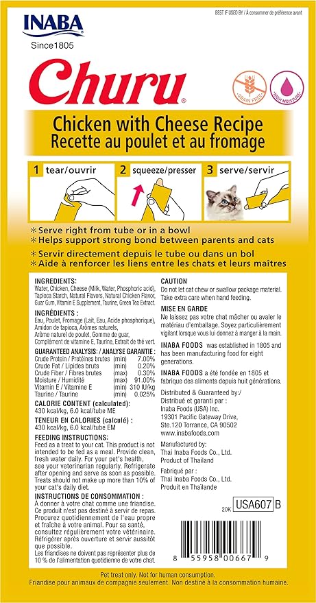 INABA Churu Cat Treats, Grain-Free, Lickable, Squeezable Creamy Purée Cat Treat/Topper with Vitamin E & Taurine, 0.5 Ounces Each Tube, 12 Tubes (4 per Pack), Chicken with Cheese Recipe