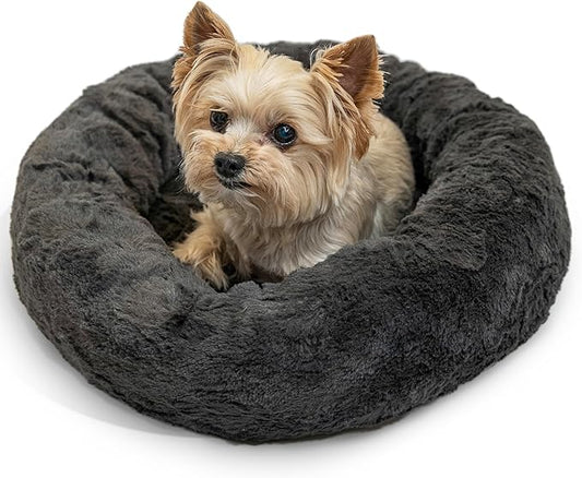 Best Friends by Sheri Original Calming Donut Dog and Cat Bed, Lux Faux Fur, Mink Dark Gray, XS (18in x 18in) - Anxiety Relief for Pets Up to 10 lbs