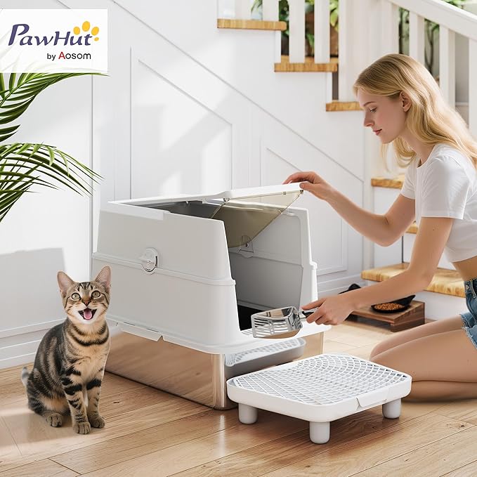 PawHut XL Stainless Steel Cat Litter Box with Lid, Extra Large Enclosed Metal Litter Box for Big Cats with Scoop, Flip Top, Easy Clean & No Odors, Non-Sticky
