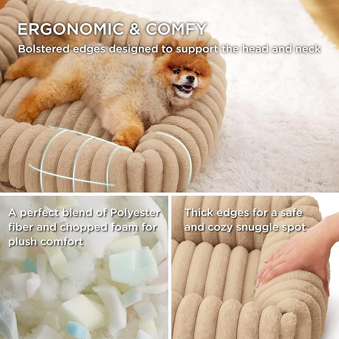 Bedsure Cute Dog Bed for Small Dogs & Cats - Washable Furry Puppy Beds, Rectangle Orthopedic Corduroy Fleece Pet Beds with Removable Zipper Cover, 20x19x6inches, Sandy Beige