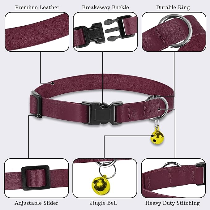 Breakaway Cat Collar with Bell - Leather Adjustable Kitten Collars with Safety Quick Release Buckle - Soft Small Pet Collars for Girl & Boy Cats (Burgundy)