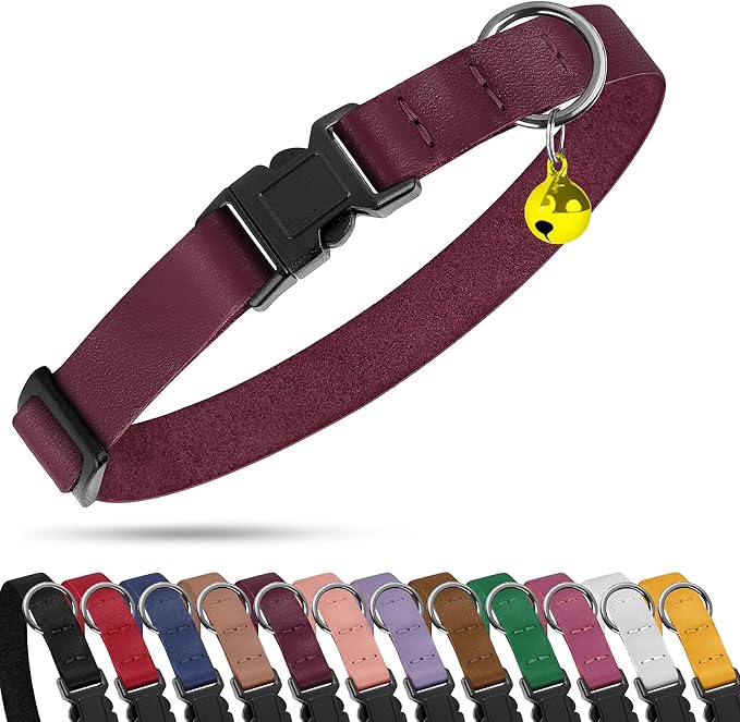 Breakaway Cat Collar with Bell - Leather Adjustable Kitten Collars with Safety Quick Release Buckle - Soft Small Pet Collars for Girl & Boy Cats (Burgundy)