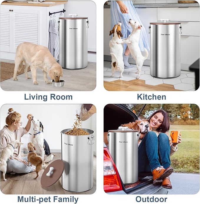 2PK 35 Lbs total 70Lbs Stainless Steel Dog Food Storage Container with Airtight Wooden Lid & Ceramic Bone Handle, Large Metal Dog Food Bin for Dogs & Cats, Keep Fresh, Easy to Clean