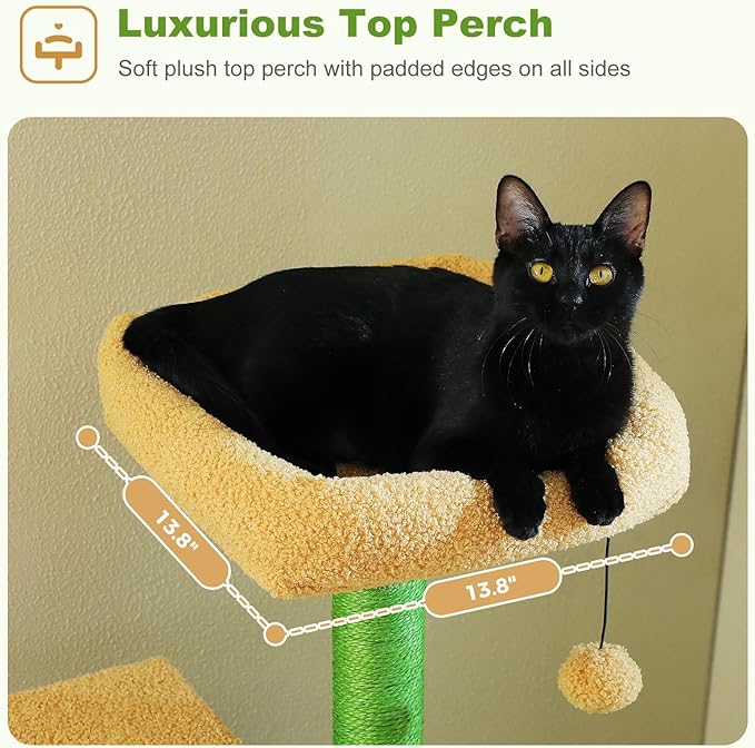 62" Cactus Cat Tree for Indoor Cats, Multi-Level Cat Tower with 2 Spacious Condos, Dual Top Perches, Scratching Pad, 4 Scratching Posts, 2 Pompoms, Green