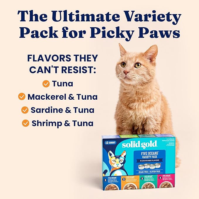 Solid Gold Wet Cat Food Variety Pack Shreds in Gravy - Healthy Canned Cat Food Made w/Real Tuna & Fish Protein & Vitamins - Grain Free & Gluten Free Canned Meals for Cats & Kittens - 12ct/3oz Can