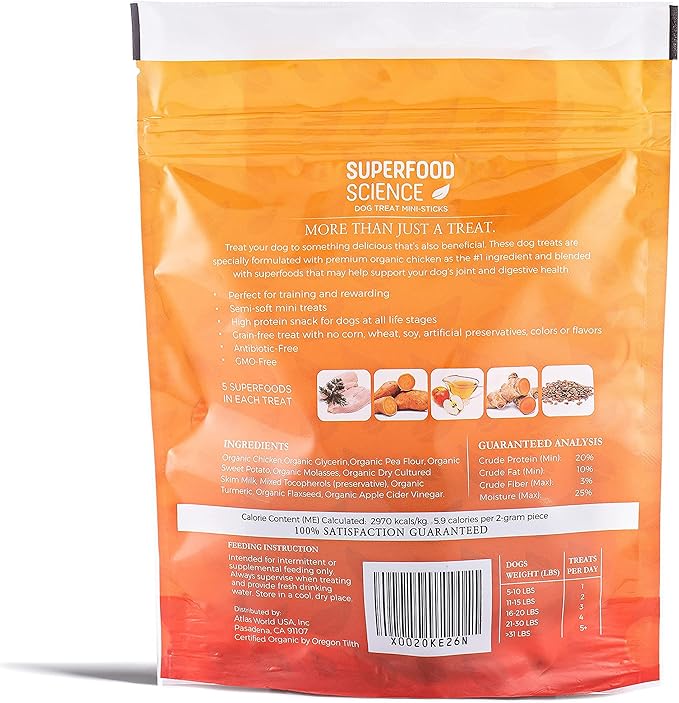 Organic Dog Treats, w/ Chicken, Sweet Potato, Turmeric, & Flaxseed, Low-Calorie, Grain-Free, Semi-Soft, Natural Dog Jerky, Healthy Dog Treats for Training Puppies, Small, Medium & Large Breeds, 5 oz