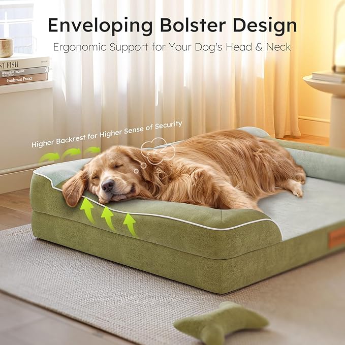 XXL Dog Bed for Extra Large Dogs, Giant Orthopedic Dog Bed with Cooling Gel Memory Foam, Waterproof Pet Bed with Removable Washable Cover, 53" Pet Sofa bed Dutch Velvet with Bone Toy, Dark Green