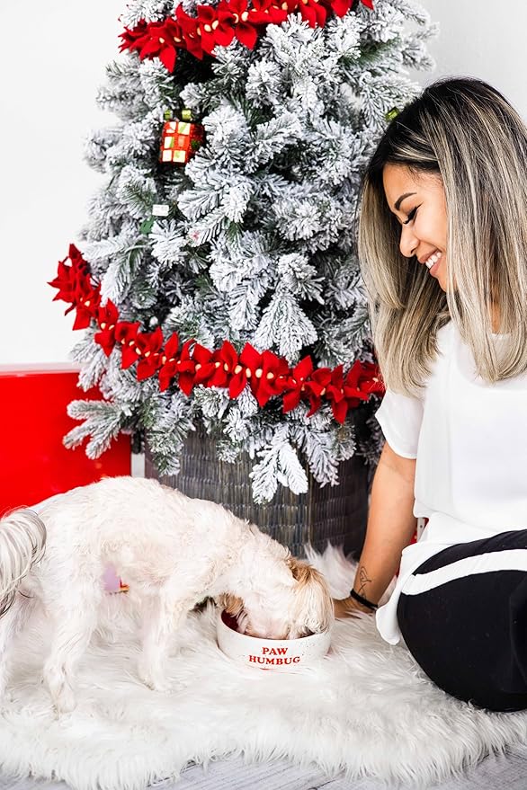 Pearhead Ceramic Paw Humbug Dog Bowl, Holds 3 Cups, Christmas Holiday Speckled Stoneware Design, Pet Feeding Dish, Microwave and Dishwasher Safe, Medium