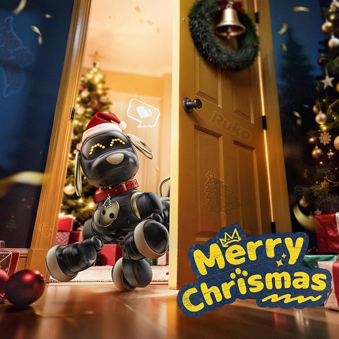 Ruko 18011 Robot Dog Toy, Smart Interactive Puppy with 30+ LED Faces, Remote & Gesture Control, Programmable Electronic Pet for Kids Ages 3–8, Black & Gold