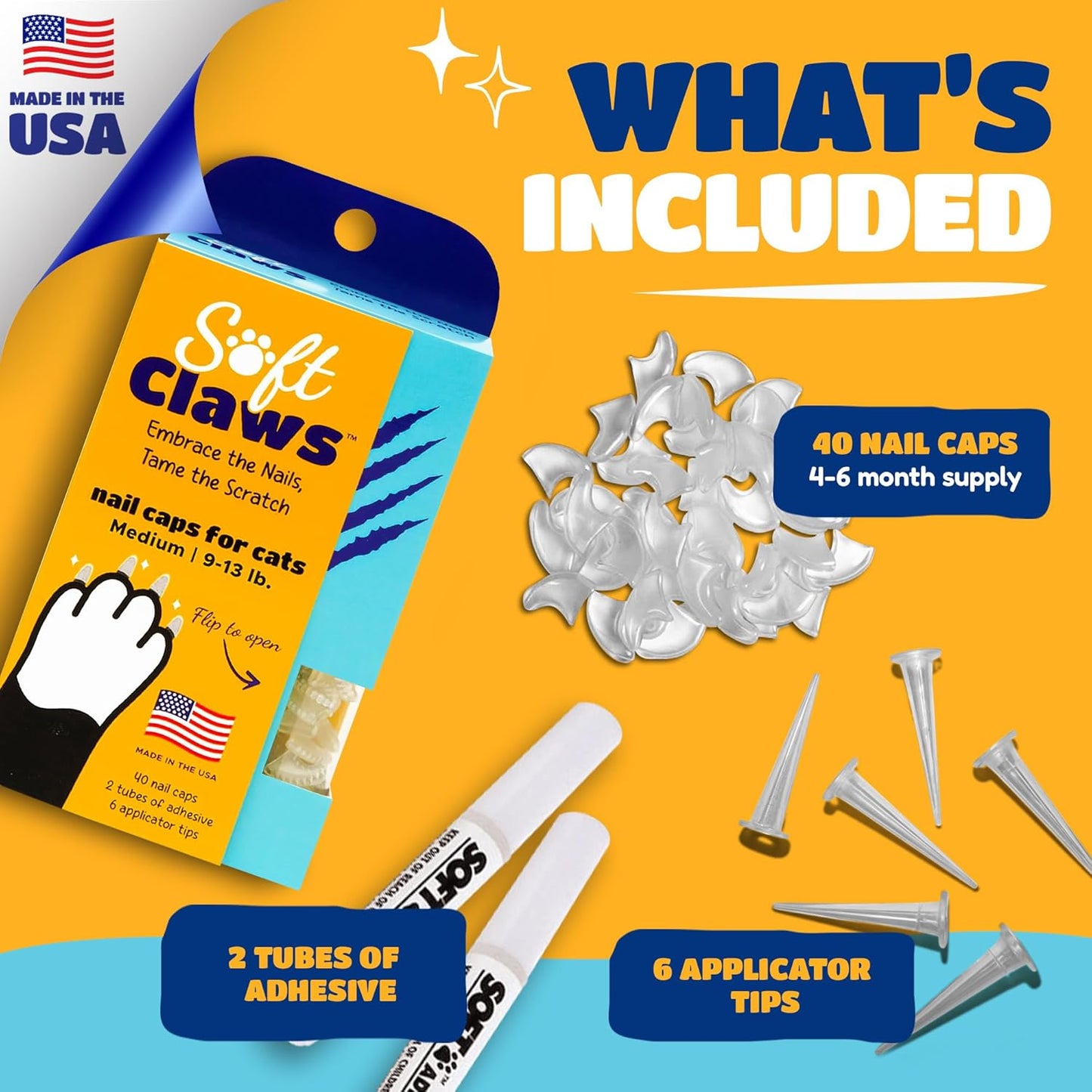 Soft Claws Cat Nail Caps for Medium Cats – (Red, Blue & Gold, 40 Caps) – Made in USA – Veterinarian-Developed | Scratch Protection, Easy to Apply, Long-Lasting Soft Nail Covers for Cats