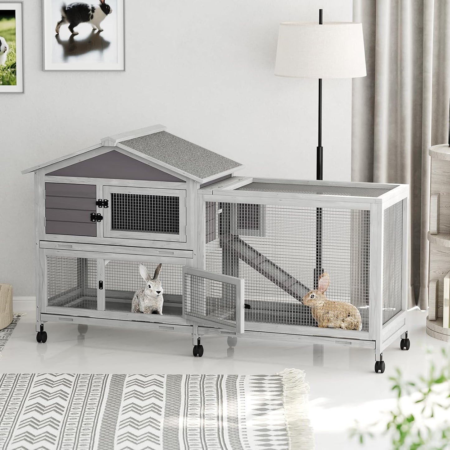 2-Tier Rabbit & Chicken House Mobile,Wooden Chicken Coop & Bunny Cage with Non-Slip Ramp, 4 Doors,Waterproof Roof & Pull-Out Tray,Outdoor/Indoor Pet Cage Movable