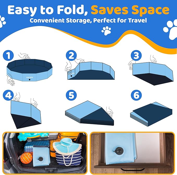 63" x 12" Foldable Dog Pool - Collapsible Hard Plastic Kiddie Pool for Dogs & Kids, Non-Slip Pet Bath Tub for Outdoor Backyard Use, Lightweight & Portable (Blue)