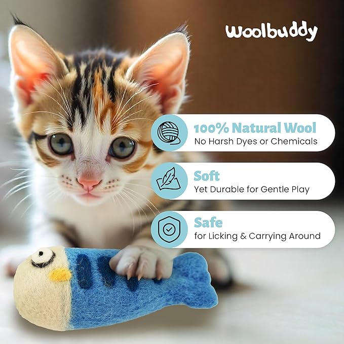 Woolbuddy Felted Wool Cat Toys – 3 Fish Kick Toys for Indoor Cats, Catnip-Free & Durable