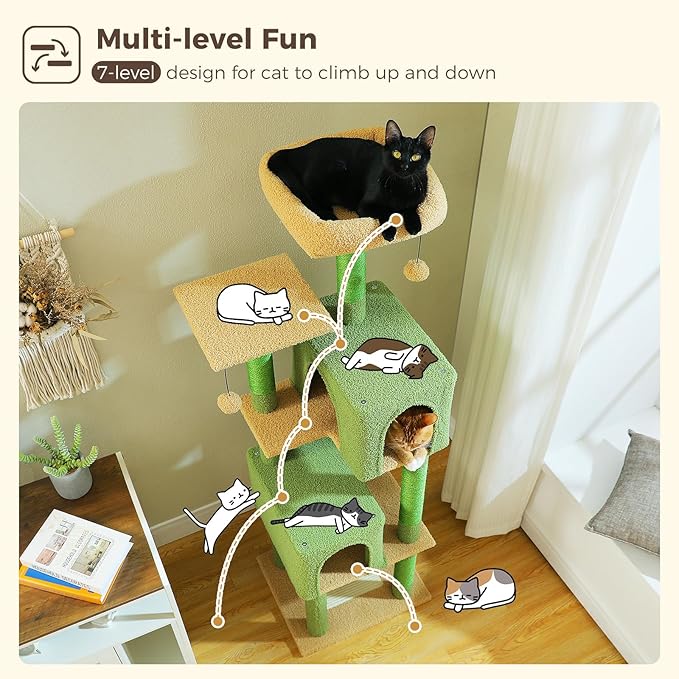 62" Cat Tree for Indoor Cats, Multi-Level Cat Tower for Large Cats with Scratching Posts, 2 Spacious Plush Condos, Padded Perch, Soft Cat Bed, Scratching Pad & 2 Pompoms, Green
