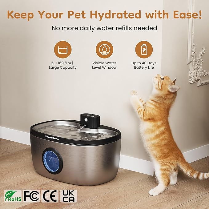 Wireless Cat Water Fountain: 5L Stainless Steel Pet Water Fountain for Cats & Dogs, Automatic Battery Operated Water Dispenser, Ultra-Quiet Indoor Fountain with Filter